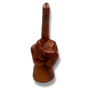 Middle Finger Flipping the Bird Wooden Carving Sculpture 7.5" Brown Unsigned